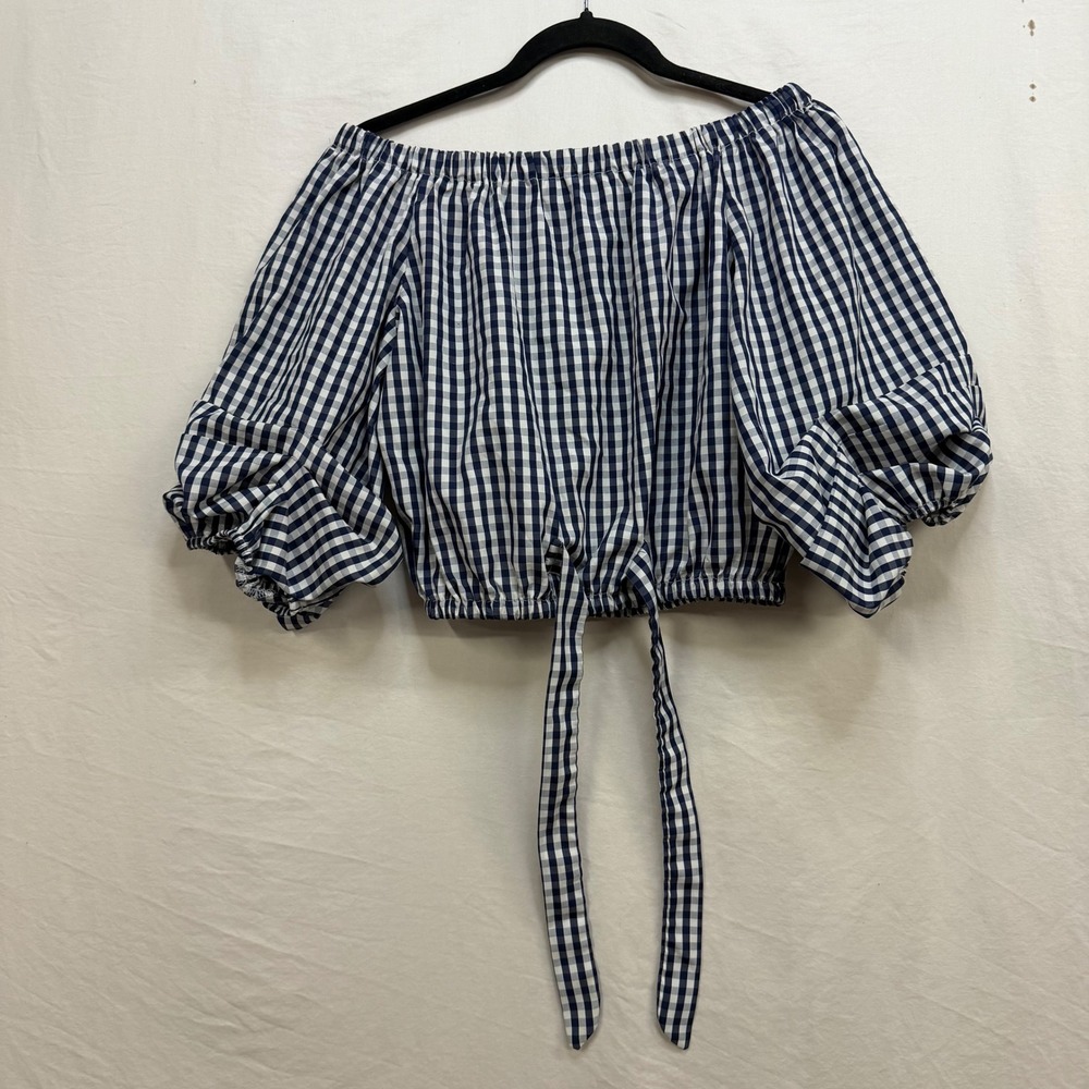 Passport‎ Navy Blue Gingham Off The Shoulder Crop Top Puff Sleeve Tie Front L